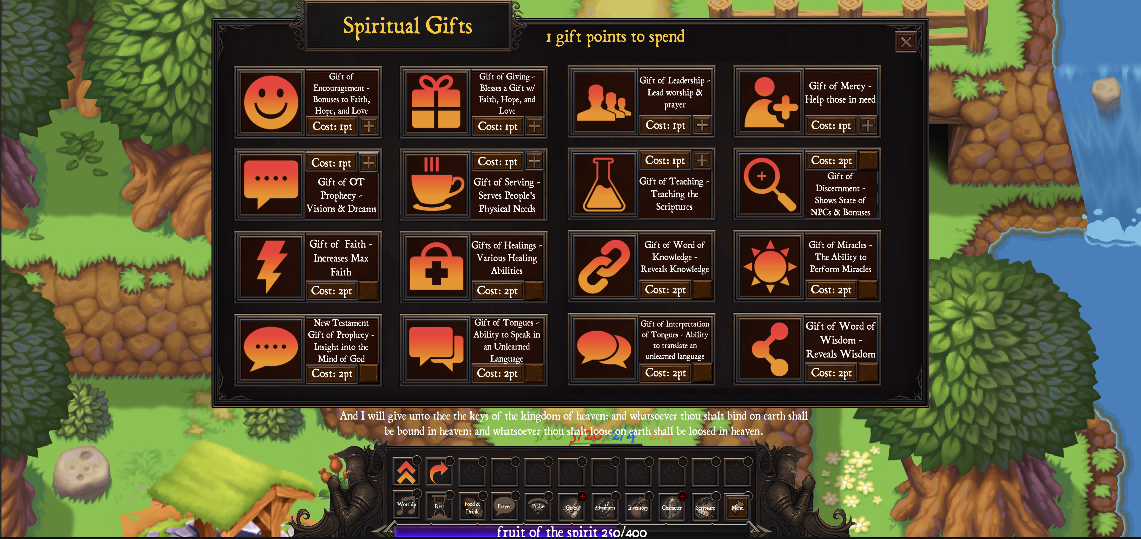 video game screenshot of spiritual gifts sheet